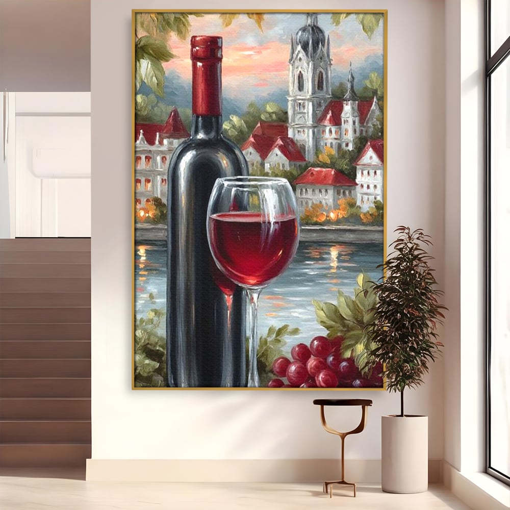 Tablou canvas cu pictura cu sticla de vin si oras, in rama de aluminiu auriu